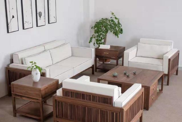 禪意新中式實木客廳沙發(fā)茶幾組合別墅會所布藝沙發(fā)黑胡桃木家具