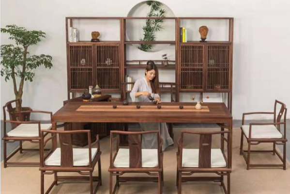 新中式實木書桌書架組合老榆木禪意書法桌黑胡桃木畫案書房家具